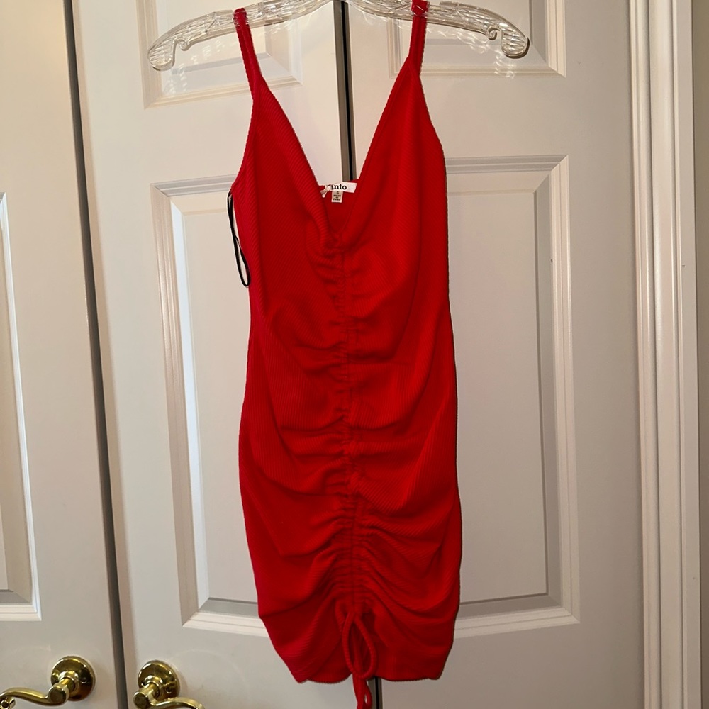Red ruched mini dress
